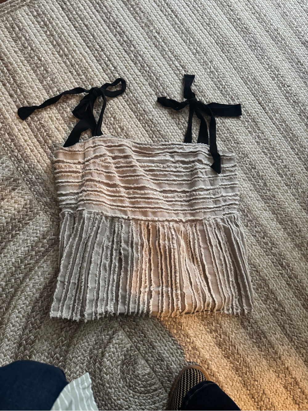 Maeve Beige Textured Tie-Shoulder Camisole with Black Straps